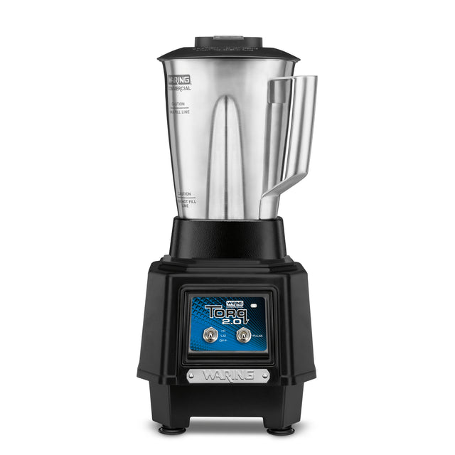 A heavy duty commercial bar blender with a tall stainless steel container and handle sits on a sturdy black base. The base features a digital blue display labeled “Torq 2.0” with two control knobs and the brand “Waring” at the bottom.