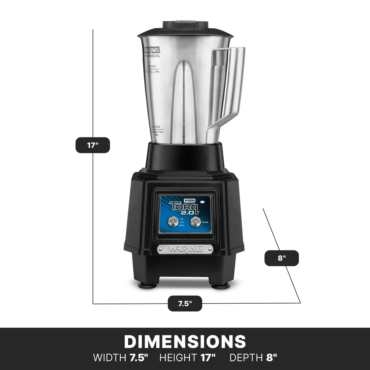 A heavy duty bar blender with a stainless steel container, sturdy handle, and black base is shown. Dimensions: 17" height, 8" depth, 7.5" width. The base features a digital “TORQ 2.0” display and a warning label at the bottom.