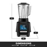 A heavy duty bar blender with a stainless steel container, sturdy handle, and black base is shown. Dimensions: 17" height, 8" depth, 7.5" width. The base features a digital “TORQ 2.0” display and a warning label at the bottom.