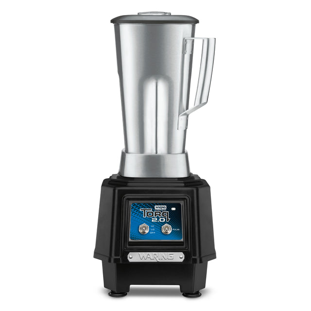 A heavy duty bar blender with a tall stainless steel container and handle sits atop a black base with a digital blue control panel labeled “Torq 2.0.” The sturdy base features four feet and the brand name “Waring” on the front.