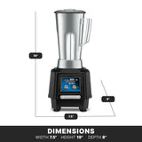 A silver bar blender with a tall pitcher sits on a black base with a digital panel labeled “TORQ 2.0.” This heavy duty model features bold dimensions—height 19 inches, width 7.5 inches, depth 8 inches—on a black banner at the bottom.