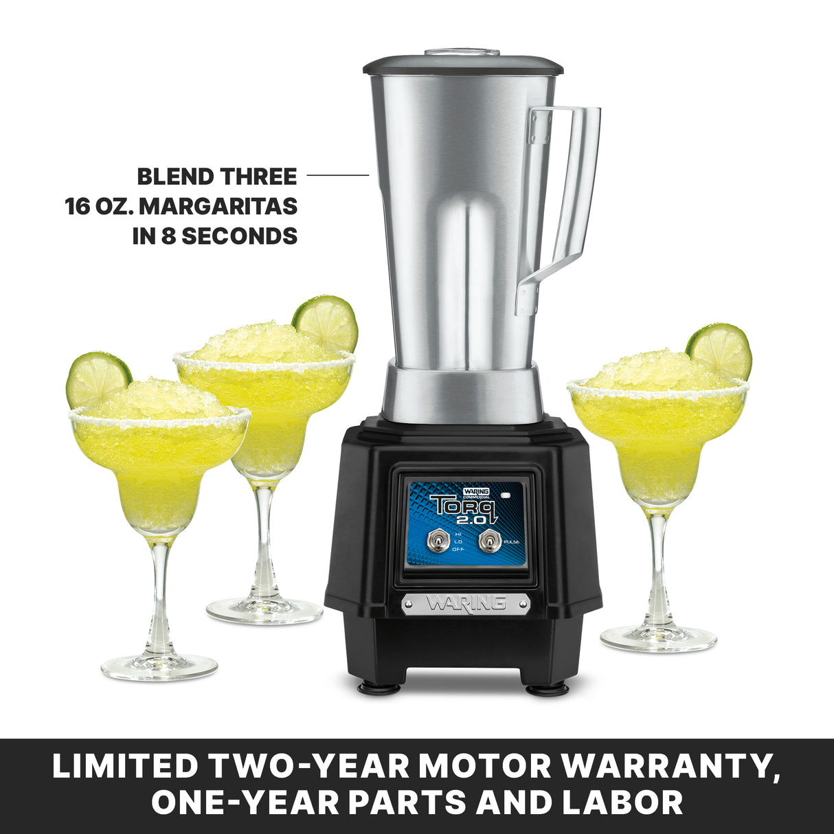 A heavy duty bar blender sits between three margarita glasses filled with yellow slushy drinks, each topped with a lime slice. Blend three 16 oz. margaritas in 8 seconds. Features a stainless steel container and limited two-year motor warranty.