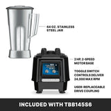 This heavy duty bar blender features a 64 oz. stainless steel container atop a black motor base with blue controls, 2 HP, two speeds, toggle switches up to 24,000 max RPM, and user-replaceable drive coupling.