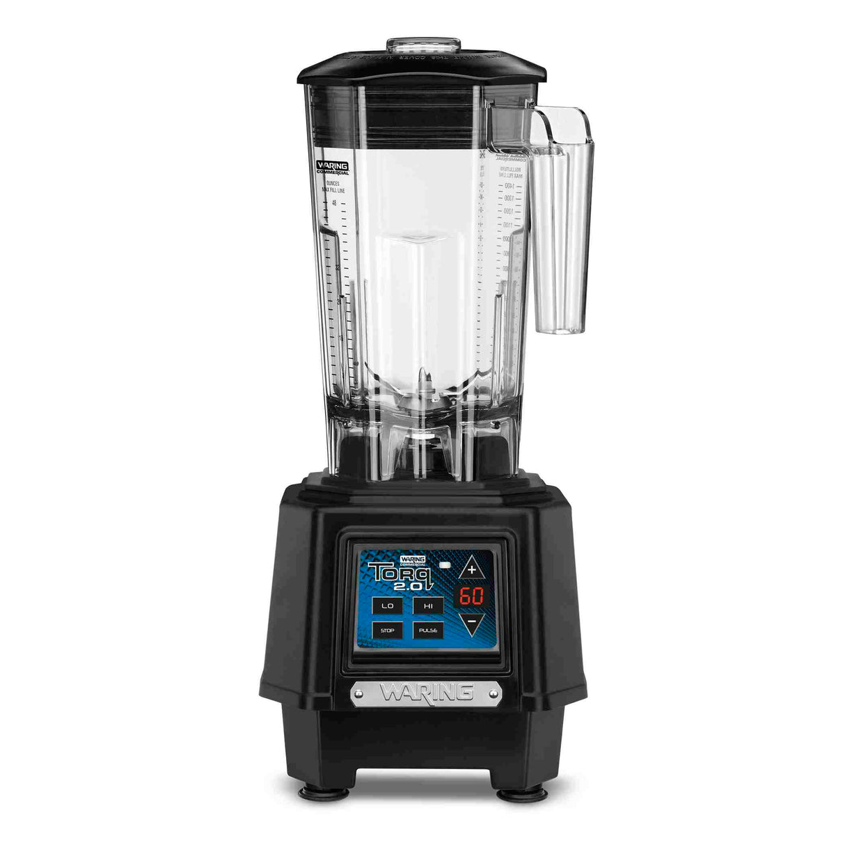 A clear, tall copolyester container with measurement markings sits on a black TORQ 2.0 Series Blender base featuring a digital display, blue and red buttons, and the WARING brand in silver. The handle is on the right, and the black lid has a central removable cap.