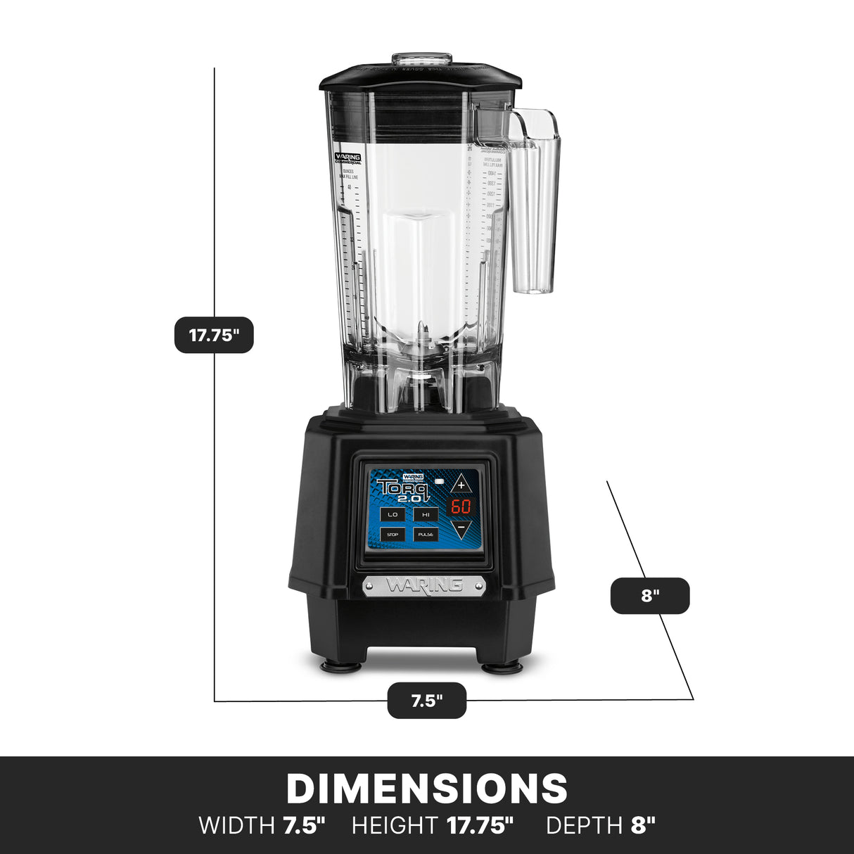 A black and clear 48 oz. blender with a digital display is shown. Text labels its dimensions: height 17.75, width 7.5, depth 8. The base features a touchscreen panel with buttons and a timer for easy blending on your countertop.