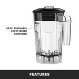 Clear, 48 oz. stackable copolyester bar blender container with measurement markings, black lid, and handle; text notes it is a 48 oz. blender. The word FEATURES appears at the bottom on a black bar.