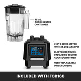 Image showing a Two-Speed Blender with a 48 oz. copolyester container and black motor base. Features include a powerful 2 HP, 24,000 max RPM motor, electronic touch pad, 60-second countdown timer, and user-replaceable drive coupling.