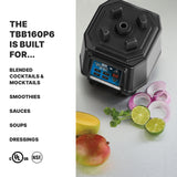 The image features a black 64 oz blender base with control buttons beside fresh ingredients—red onion, lime, cilantro, mango, and jalapeño—on a white surface. Text highlights uses: cocktails, mocktails, smoothies, sauces, soups, dressings. Certification logos are shown below.