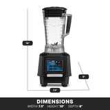 A black and transparent 64 oz countertop blender is shown with labeled dimensions: 19 tall, 8 deep, and 7.5 wide. The blender has a touchscreen control panel with blue digital display, and sits on a black base. The word DIMENSIONS appears below.