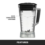 A clear, 64-ounce countertop blender container made of copolyester with a black lid and handle, metal blades inside, and measurement markings on the side. A label with an arrow points to the bar blender, and “FEATURES” is written at the bottom.