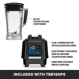 A 64 oz blender set with a transparent copolyester container and black motor base featuring an electronic touchpad, countdown timer, 2-speed motor, and user-replaceable drive coupling—ideal as a stylish countertop blender.