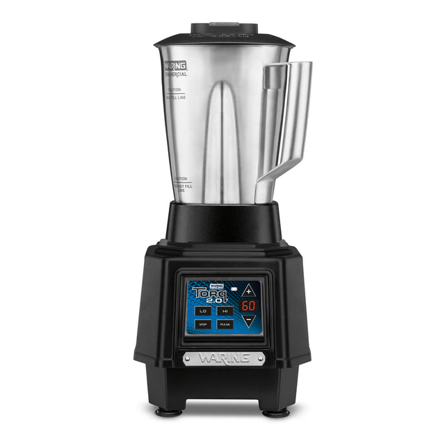 A commercial bar blender with a large stainless steel container, two spouts, and a sturdy black countertop base featuring a digital control panel, display screen, and the “Waring” brand name on a metallic plate at the front.