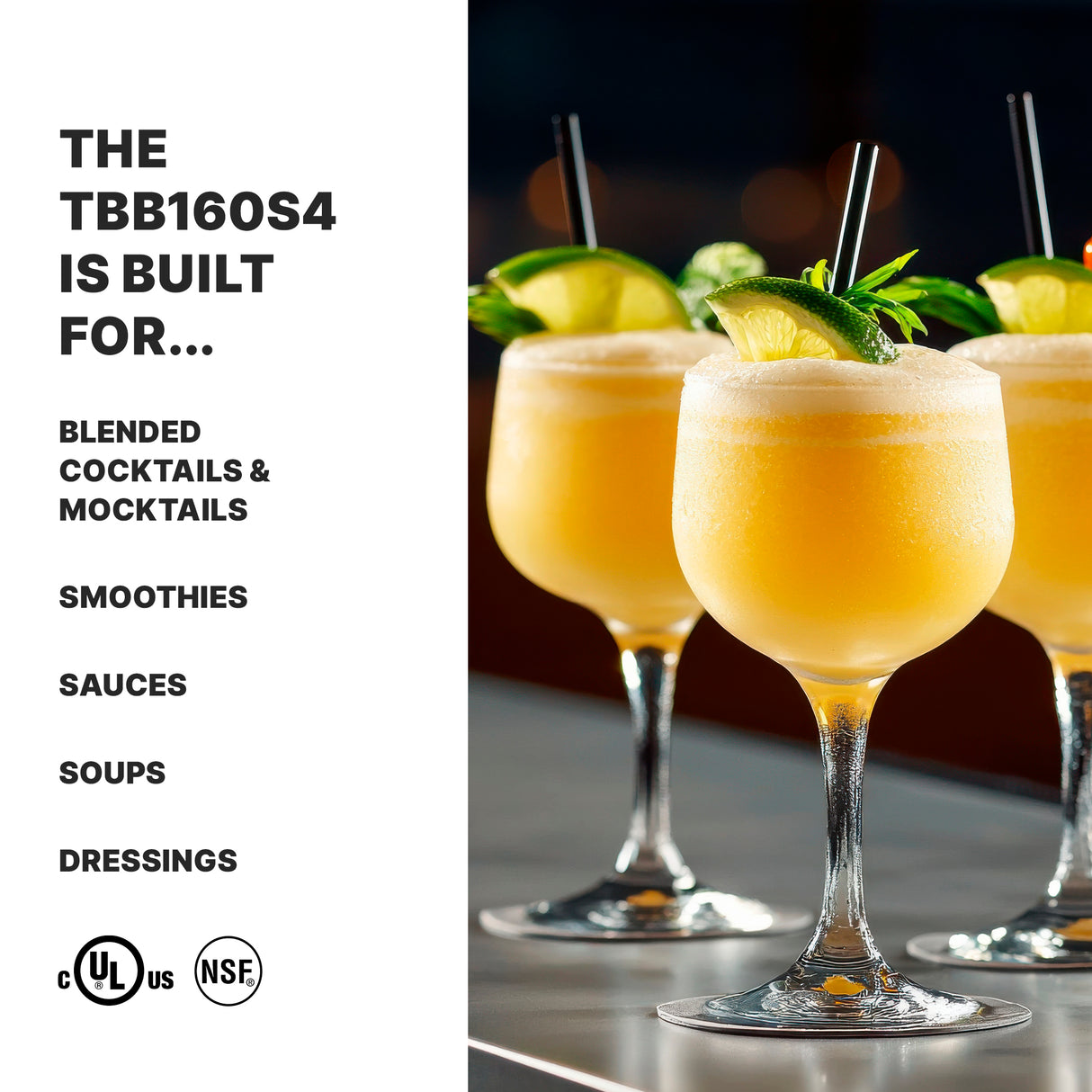 Three stemmed glasses filled with orange blended drinks, garnished with lime and mint, sit on a countertop with black straws. Text on the left highlights the TBB160S4 bar blender with a stainless steel container for cocktails, smoothies, sauces, and more.