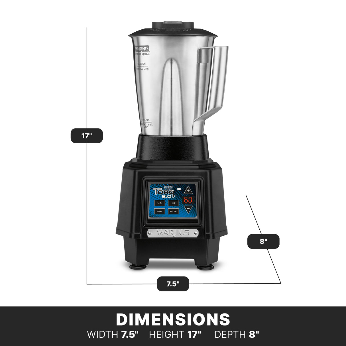 A heavy duty bar blender with a stainless steel container and digital display on a black base. The image shows its dimensions: 17 inches tall, 7.5 inches wide, and 8 inches deep. Blue buttons and DIMENSIONS label are featured at the bottom.