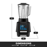 A heavy duty bar blender with a stainless steel container and digital display on a black base. The image shows its dimensions: 17 inches tall, 7.5 inches wide, and 8 inches deep. Blue buttons and DIMENSIONS label are featured at the bottom.