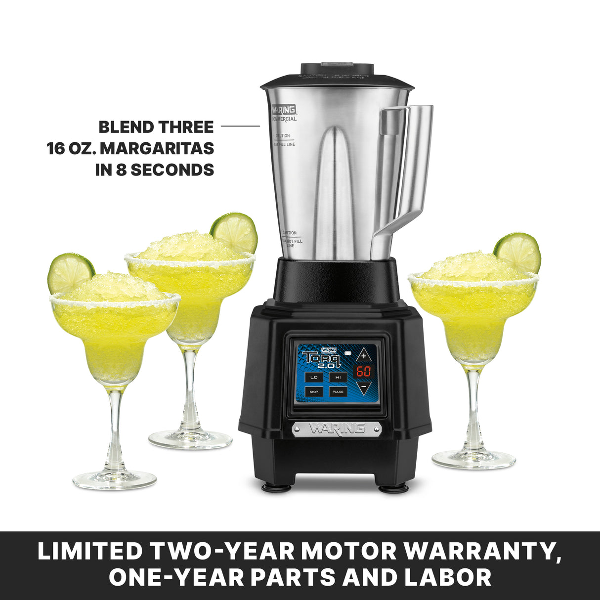 A heavy duty Waring bar blender with a stainless steel container sits on the counter, surrounded by three margarita glasses filled with yellow frozen margaritas, each garnished with a lime slice. Text above reads, “Blend three 16 oz. margaritas in 8 seconds.”.