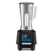 A heavy duty bar blender with a tall stainless steel container, sturdy handle, and a black base. The digital control panel features a blue screen, easy-to-use buttons, and the Waring brand name on the front for a modern industrial look.