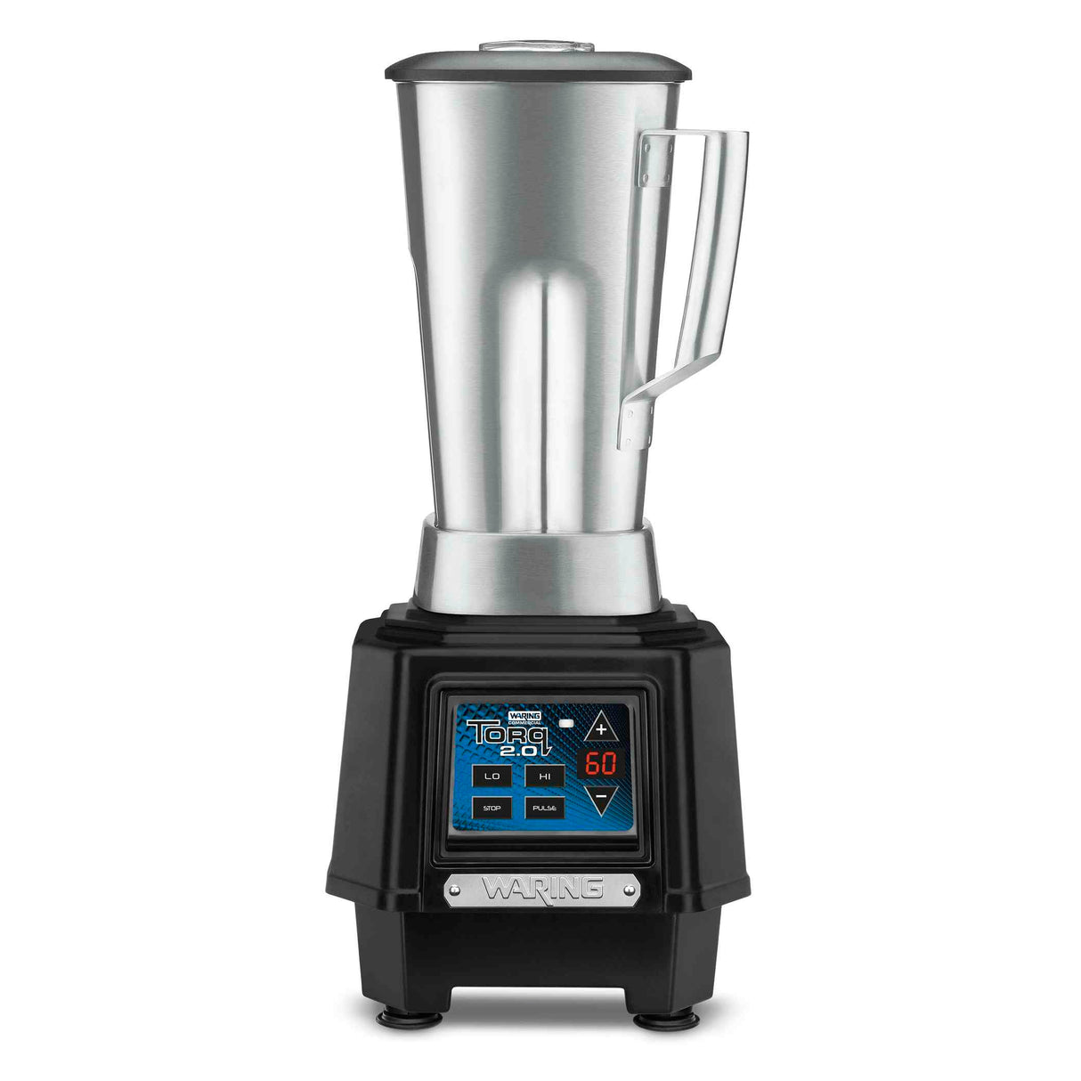 A TORQ 2.0 Series Blender for international use, featuring a tall stainless steel container with handle, fitted lid, and a black base with digital display, blue and red accents, labeled buttons, and the Waring brand at the bottom.