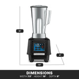 A heavy duty bar blender with a stainless steel container sits on a black base featuring a digital control panel. Dimensions are shown: 19 height, 7.5 width, and 8 depth. The background is white with a bold “DIMENSIONS” label below.