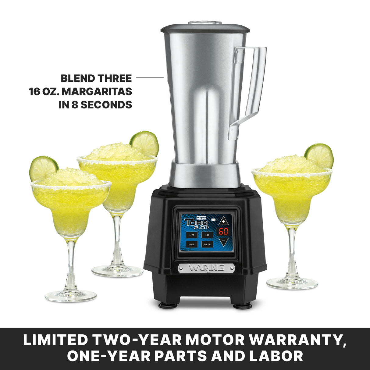 A silver and black bar blender with a stainless steel container sits on a countertop, surrounded by three margarita glasses filled with yellow frozen margaritas, each garnished with a lime slice. Text above reads: “Blend three 16 oz. margaritas in 8 seconds.” Warranty details below.