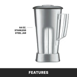 A large, heavy duty bar blender jar with a handle and lid, made of stainless steel, is shown upright. Text on the left reads “64 oz. stainless steel container.” The bottom section features a bold label with the word “FEATURES.”.