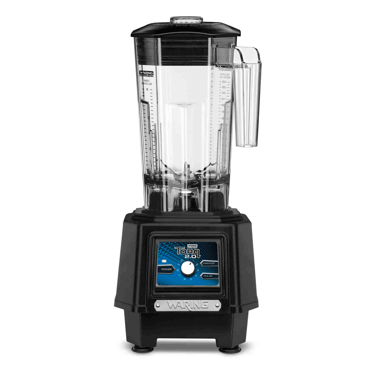 A TORQ 2.0 Series Blender with a clear, tall copolyester container and handle sits on a sturdy black base featuring a blue control panel. Clean and empty, it’s ideal for international use and displayed against a white background.