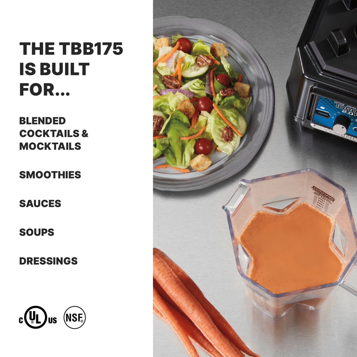 A metal countertop displays a gray plate with salad, a TORQ 2.0 Bar Blender base, whole carrots, and a BPA free blender jar filled with orange liquid. Text on the left lists uses for this variable speed blender: cocktails, smoothies, sauces, soups, and dressings.