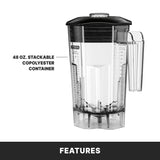A clear 48 oz. BPA free blender container by Vitamix, made of stackable copolyester with a black lid and handle, shown against a white background. Text reads 48 OZ. STACKABLE COPOLYESTER CONTAINER. The word FEATURES appears at the bottom.