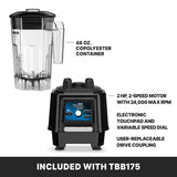 Image showing a commercial bar blender set. At the top left is a 48 oz. BPA free blender container with a handle. To its right is a black blender base with control buttons, 2 HP motor, electronic touchpad, and user-replaceable drive coupling.