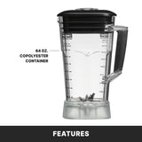 A clear 64 oz blender copolyester container with a black handle and lid is shown. The container features measurement markings, metal blades at the bottom, and is labeled for capacity. The word FEATURES appears below the image.