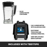 Image showing two main components of a 64 oz blender: a clear copolyester container with handle and lid on the left, and a black bar blender base on the right, featuring a blue electronic touchpad and dial. Text lists key features for model TBB175P6.