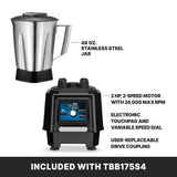 A Variable Speed Blender with a 48 oz. Stainless Steel Container sits atop a black base featuring a 2 HP, 2-speed motor at 24,000 max RPM, electronic touchpad, variable speed dial, and user-replaceable drive coupling. Included with TBB175S4.