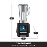 A silver variable speed blender with a black base is shown front-facing. The control panel has buttons and a dial. Dimension lines indicate its 7.5" width, 19" height, and 8" depth. “DIMENSIONS” is written below.