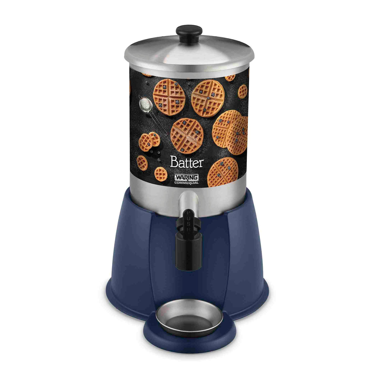 A stainless steel batter dispenser with a 2 gallon capacity, labeled “Batter,” features waffle images on the front, a spout for easy dispensing, and a round metal drip tray. The silver lid includes a black knob for convenient use.