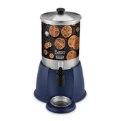 A stainless steel batter dispenser with a 2 gallon capacity, labeled “Batter,” features waffle images on the front, a spout for easy dispensing, and a round metal drip tray. The silver lid includes a black knob for convenient use.