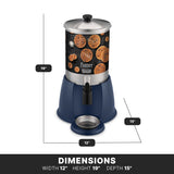A cylindrical batter dispenser with a stainless steel lid, decorative waffle images, blue base, spout, drip tray, and 2 gallon capacity. Dimensions: width 12, height 19, depth 15. Labeled “Batter Dispenser.”.