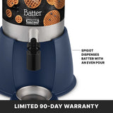 A blue and silver stainless steel batter dispenser with a 2 gallon capacity sits above a small metal bowl. A sign points to the spigot, reading Spigot dispenses batter with an even pour. Text at the bottom says, Limited 90-day warranty.