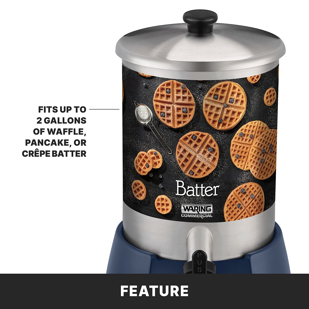 A stainless steel batter dispenser with 2 gallon capacity and a black and silver design sits on a blue base. The label features waffles, a spoon, and text: Fits up to 2 gallons of waffle, pancake, or crêpe batter. Batter and Waring Commercial logo are visible.
