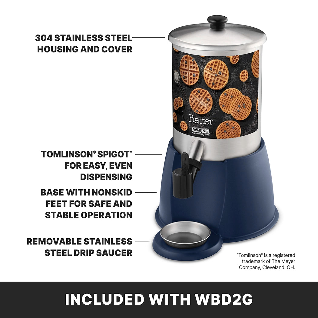A stainless steel batter dispenser with 2 gallon capacity, featuring waffle images on the front, a black Tomlinson spigot, blue nonskid base, and removable drip saucer. Features listed; "INCLUDED WITH WBD2G" noted at bottom.