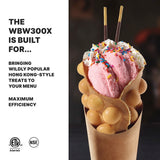 A Hong Kong-style egg waffle cone filled with pink ice cream, whipped cream, sprinkles, and two chocolate biscuit sticks sits on a dark surface. Text on the left promotes the WBW300X bubble waffle maker with heavy duty die cast housing for efficiency. Certification logos appear below.