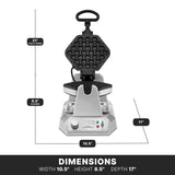 A silver Waring WBW300X bubble waffle maker with a handle is shown open vertically at 21 inches, featuring a honeycomb pattern plate. Dimensions: width 10.5 in, height 8.5 in closed, depth 17 in. Controls and indicator lights are on the base.
