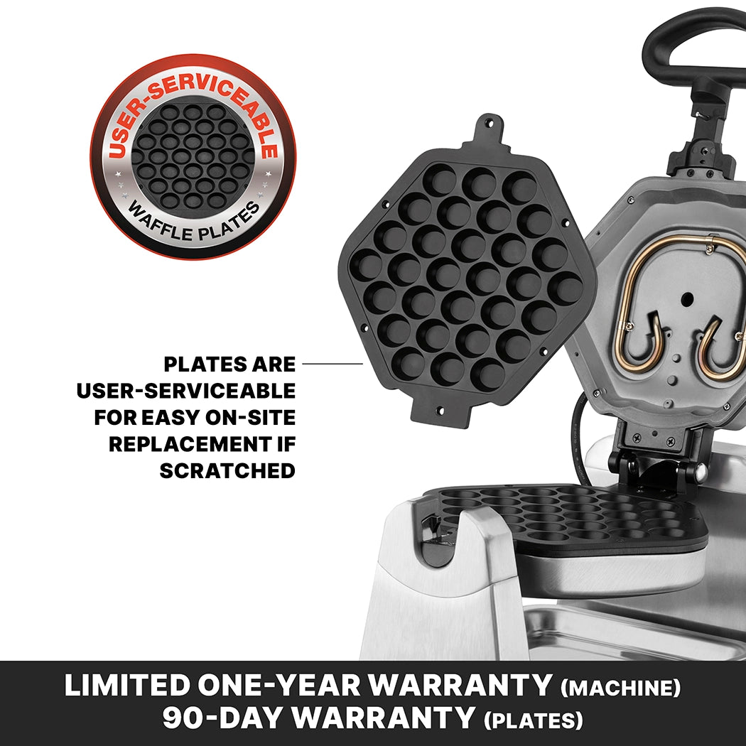 A commercial waffle maker with removable round waffle plates; one plate is shown being taken out. Text highlights user-serviceable plates for easy replacement if scratched. Warranty: one year for machine, 90 days for plates.