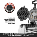 A commercial waffle maker with removable round waffle plates; one plate is shown being taken out. Text highlights user-serviceable plates for easy replacement if scratched. Warranty: one year for machine, 90 days for plates.