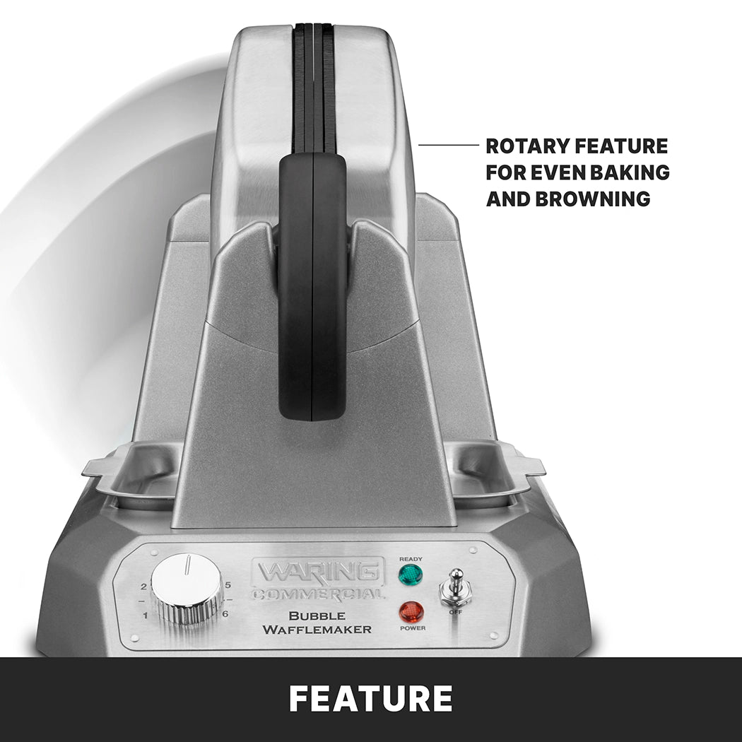 A silver Waring Commercial bubble waffle maker is shown upright. A label points to the hinge, highlighting the rotary feature for even baking. Its heavy duty die cast housing, front controls, indicator lights, and non-stick plates are also visible.