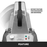 A silver Waring Commercial bubble waffle maker is shown upright. A label points to the hinge, highlighting the rotary feature for even baking. Its heavy duty die cast housing, front controls, indicator lights, and non-stick plates are also visible.