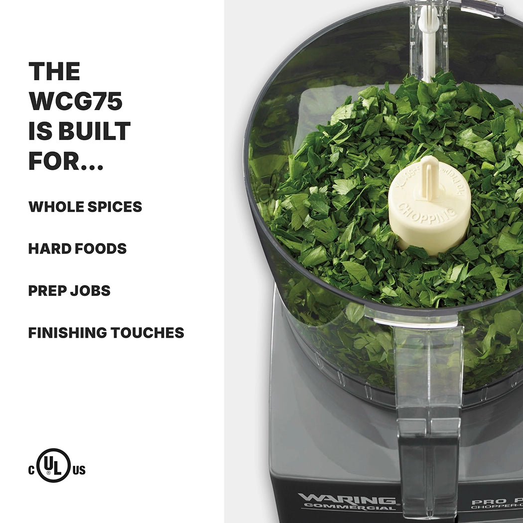 A food processor filled with chopped green herbs sits on the right. On the left, bold text reads: The Waring WCG75 Pro Prep Chopper Grinder, with 3/4 quart capacity, is built for whole spices, hard foods, prep jobs, finishing touches. Certification logos appear at the bottom left.