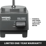 Close-up of the Waring WCG75 Pro Prep Chopper Grinder base, featuring a powerful high-speed 3/4 HP, 2-pole induction motor and a 3/4 quart capacity. Control switch is labeled ON, OFF, and PULSE. Banner reads LIMITED ONE-YEAR WARRANTY.