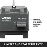 Close-up of a Waring Commercial Pro Prep Chopper Grinder base with power switch labeled ON, OFF, and PULSE. Text highlights its powerful 3/4 HP, 2-pole induction motor and 3 cup capacity. A black banner below reads, LIMITED ONE-YEAR WARRANTY.