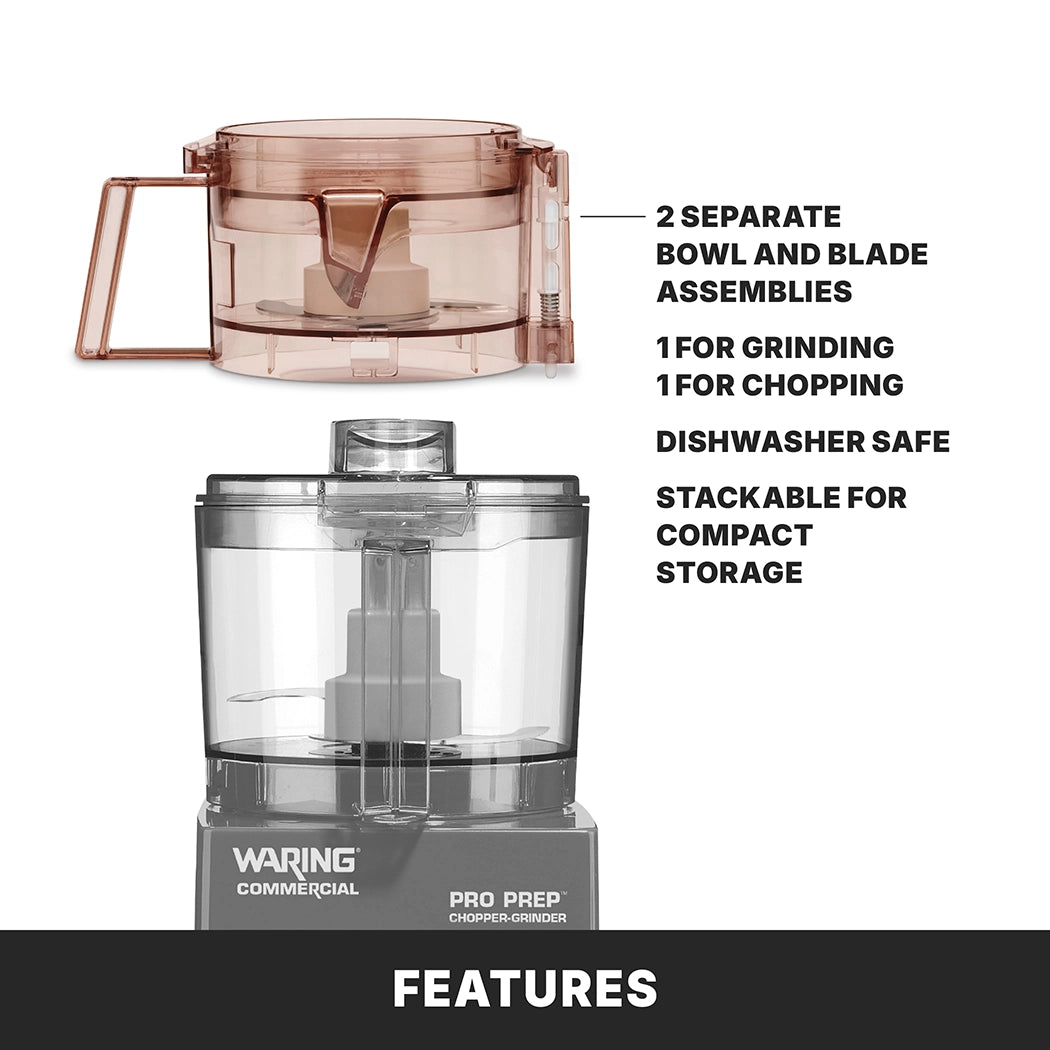 Image showing the Waring Pro Prep Chopper Grinder with 3/4 quart capacity. Top: two separate transparent bowls and blades for grinding and chopping. Text highlights features: dishwasher safe, stackable, and compact storage. Bottom: branded base.