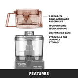 Image showing the Waring Pro Prep Chopper Grinder with 3/4 quart capacity. Top: two separate transparent bowls and blades for grinding and chopping. Text highlights features: dishwasher safe, stackable, and compact storage. Bottom: branded base.